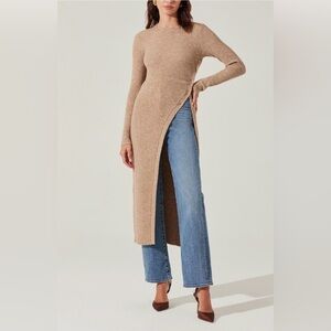 Astr high slit long sweater tan Ribbed Knit top